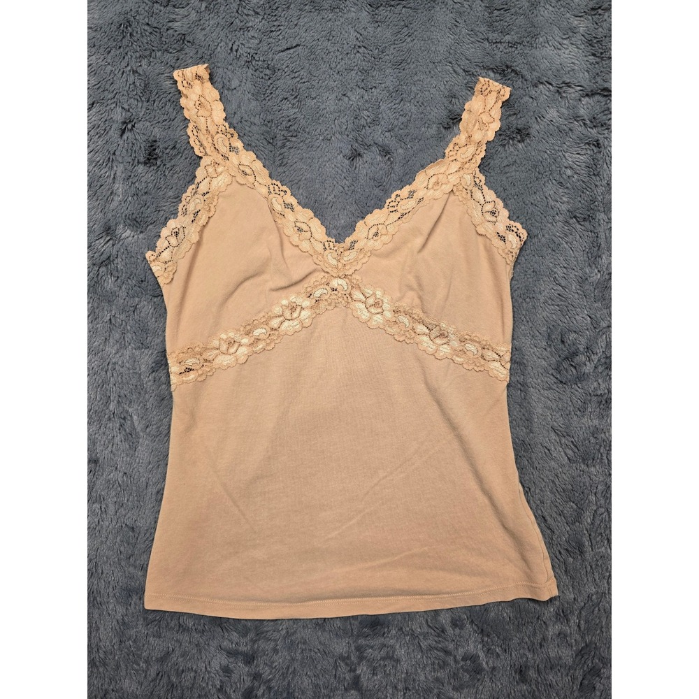 Vintage Arden B. Tan Lace Trim V-Neck Cami Top Y2K Layering Camisole Size Small